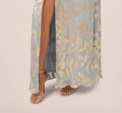 Adrianna Papell Wedding Guest Dresses|Formal Dresses*Foil Leaf Short Sleeve Gown With Draped Details In Light Blue Gold