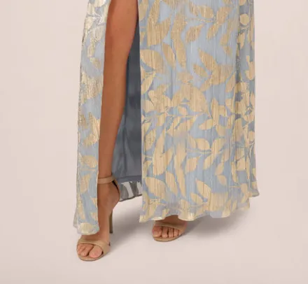Adrianna Papell Wedding Guest Dresses|Formal Dresses*Foil Leaf Short Sleeve Gown With Draped Details In Light Blue Gold