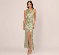Adrianna Papell Wedding Guest Dresses|Formal Dresses*Foil Printed Asymmetric Gown With Ruffled Detail In Sage Gold