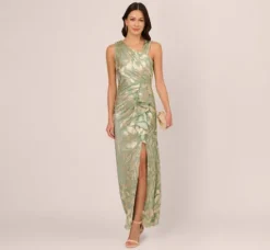 Adrianna Papell Wedding Guest Dresses|Formal Dresses*Foil Printed Asymmetric Gown With Ruffled Detail In Sage Gold