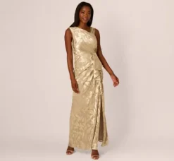 Adrianna Papell Wedding Guest Dresses|Formal Dresses*Foil Printed Asymmetric Gown With Ruffled Detail In Champagne Gold