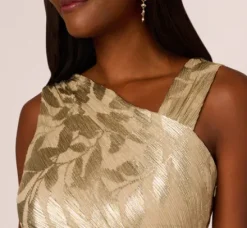 Adrianna Papell Wedding Guest Dresses|Formal Dresses*Foil Printed Asymmetric Gown With Ruffled Detail In Champagne Gold