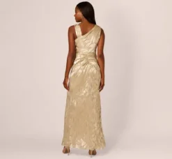Adrianna Papell Wedding Guest Dresses|Formal Dresses*Foil Printed Asymmetric Gown With Ruffled Detail In Champagne Gold