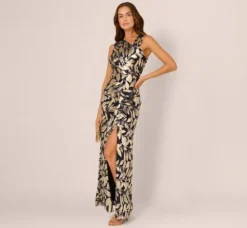 Adrianna Papell Wedding Guest Dresses|Formal Dresses*Foil Printed Asymmetric Gown With Ruffled Detail In Navy Gold