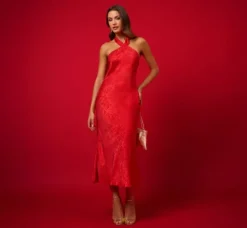 Adrianna Papell Wedding Guest Dresses|Petite-Friendly*Foil Woven Halter Midi Dress In