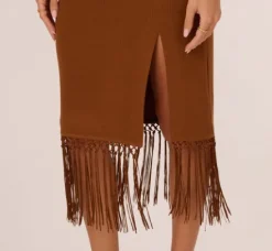 Adrianna Papell Wedding Guest Dresses|Day Dresses*Fringe Trim Midi Dress With Keyhole Cutout Bust In Light Brown