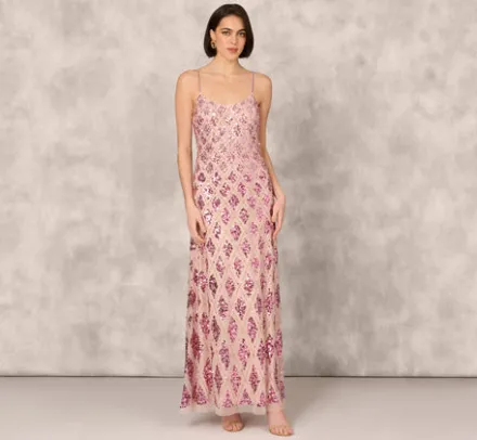 Adrianna Papell Wedding Guest Dresses|Formal Dresses*Geometric Sequin Beaded Gown With Scoop Neckline In Pink Multi