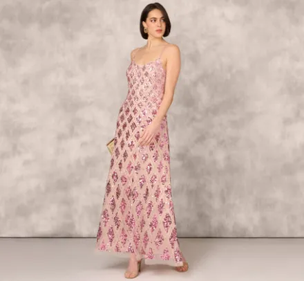 Adrianna Papell Wedding Guest Dresses|Formal Dresses*Geometric Sequin Beaded Gown With Scoop Neckline In Pink Multi