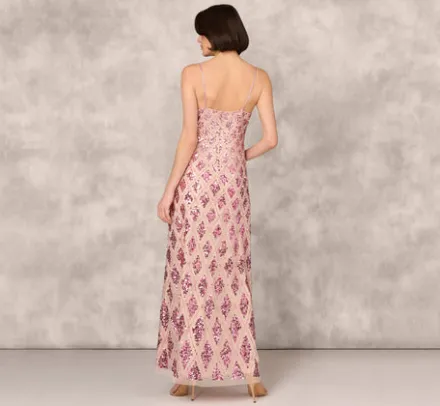Adrianna Papell Wedding Guest Dresses|Formal Dresses*Geometric Sequin Beaded Gown With Scoop Neckline In Pink Multi