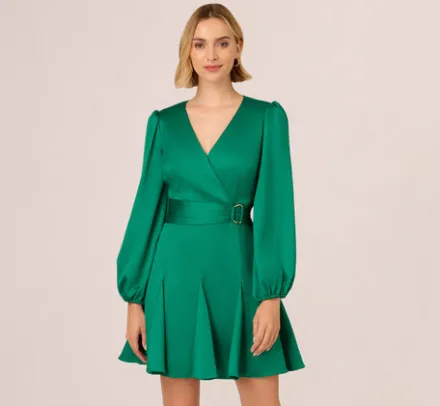 Adrianna Papell Wedding Guest Dresses|Day Dresses*Godet Faux Wrap Short Dress In Radiant Emerald