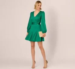 Adrianna Papell Wedding Guest Dresses|Day Dresses*Godet Faux Wrap Short Dress In Radiant Emerald
