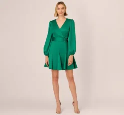 Adrianna Papell Wedding Guest Dresses|Day Dresses*Godet Faux Wrap Short Dress In Radiant Emerald