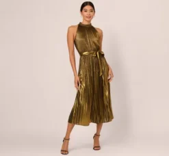Adrianna Papell Wedding Guest Dresses|Day Dresses*Halter Pleated Metallic Dress In