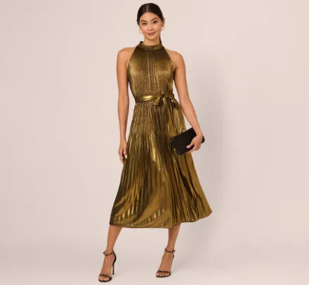 Adrianna Papell Wedding Guest Dresses|Day Dresses*Halter Pleated Metallic Dress In