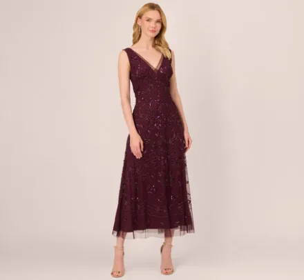 Adrianna Papell Wedding Guest Dresses|Formal Dresses*Hand-Beaded Ankle-Length Dress In Night Plum
