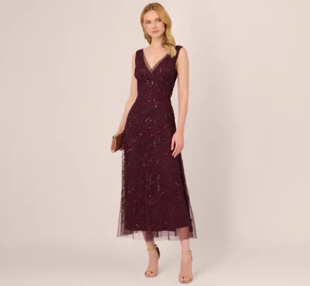 Adrianna Papell Wedding Guest Dresses|Formal Dresses*Hand-Beaded Ankle-Length Dress In Night Plum