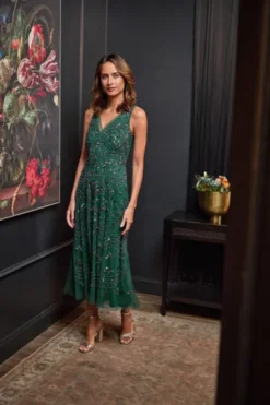 Adrianna Papell Wedding Guest Dresses|Formal Dresses*Hand-Beaded Ankle-Length Dress In Gem Green