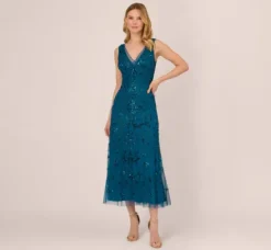 Adrianna Papell Wedding Guest Dresses|Formal Dresses*Hand-Beaded Ankle-Length Dress In Teal Sapphire