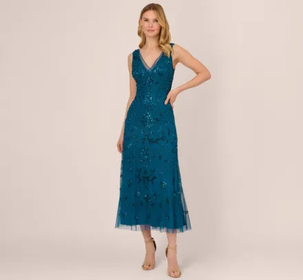 Adrianna Papell Wedding Guest Dresses|Formal Dresses*Hand-Beaded Ankle-Length Dress In Teal Sapphire