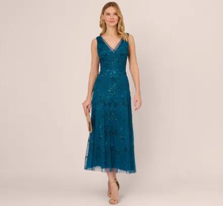 Adrianna Papell Wedding Guest Dresses|Formal Dresses*Hand-Beaded Ankle-Length Dress In Teal Sapphire