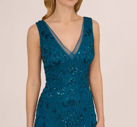 Adrianna Papell Wedding Guest Dresses|Formal Dresses*Hand-Beaded Ankle-Length Dress In Teal Sapphire