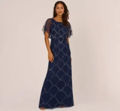 Adrianna Papell Wedding Guest Dresses|Formal Dresses*Hand-Beaded Blouson Long Gown With Flutter Sleeves In Light Navy