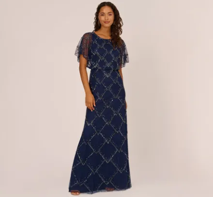 Adrianna Papell Wedding Guest Dresses|Formal Dresses*Hand-Beaded Blouson Long Gown With Flutter Sleeves In Light Navy