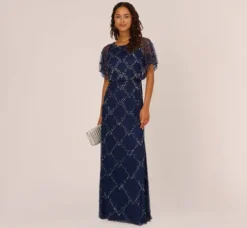 Adrianna Papell Wedding Guest Dresses|Formal Dresses*Hand-Beaded Blouson Long Gown With Flutter Sleeves In Light Navy