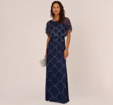 Adrianna Papell Wedding Guest Dresses|Formal Dresses*Hand-Beaded Blouson Long Gown With Flutter Sleeves In Light Navy