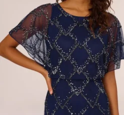 Adrianna Papell Wedding Guest Dresses|Formal Dresses*Hand-Beaded Blouson Long Gown With Flutter Sleeves In Light Navy