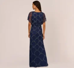 Adrianna Papell Wedding Guest Dresses|Formal Dresses*Hand-Beaded Blouson Long Gown With Flutter Sleeves In Light Navy