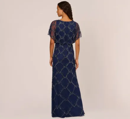 Adrianna Papell Wedding Guest Dresses|Formal Dresses*Hand-Beaded Blouson Long Gown With Flutter Sleeves In Light Navy