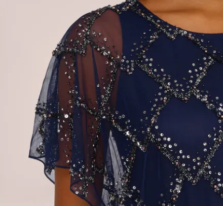 Adrianna Papell Wedding Guest Dresses|Formal Dresses*Hand-Beaded Blouson Long Gown With Flutter Sleeves In Light Navy
