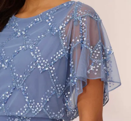 Adrianna Papell Wedding Guest Dresses|Formal Dresses*Hand-Beaded Blouson Long Gown With Flutter Sleeves In French Blue