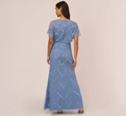 Adrianna Papell Wedding Guest Dresses|Formal Dresses*Hand-Beaded Blouson Long Gown With Flutter Sleeves In French Blue