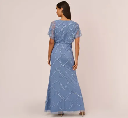 Adrianna Papell Wedding Guest Dresses|Formal Dresses*Hand-Beaded Blouson Long Gown With Flutter Sleeves In French Blue