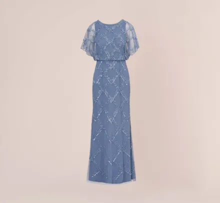 Adrianna Papell Wedding Guest Dresses|Formal Dresses*Hand-Beaded Blouson Long Gown With Flutter Sleeves In French Blue