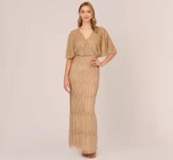 Adrianna Papell Wedding Guest Dresses|Formal Dresses*Hand-Beaded Illusion Long Column Blouson Gown In Champagne Gold
