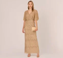 Adrianna Papell Wedding Guest Dresses|Formal Dresses*Hand-Beaded Illusion Long Column Blouson Gown In Champagne Gold