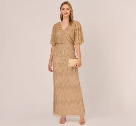 Adrianna Papell Wedding Guest Dresses|Formal Dresses*Hand-Beaded Illusion Long Column Blouson Gown In Champagne Gold