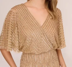 Adrianna Papell Wedding Guest Dresses|Formal Dresses*Hand-Beaded Illusion Long Column Blouson Gown In Champagne Gold