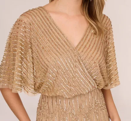 Adrianna Papell Wedding Guest Dresses|Formal Dresses*Hand-Beaded Illusion Long Column Blouson Gown In Champagne Gold