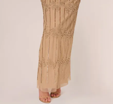 Adrianna Papell Wedding Guest Dresses|Formal Dresses*Hand-Beaded Illusion Long Column Blouson Gown In Champagne Gold