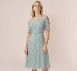 Adrianna Papell Wedding Guest Dresses|Petite-Friendly*Hand-Beaded Illusion Midi-Length Fit-And-Flare Cocktail Dress In Frosted Sage