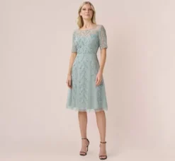 Adrianna Papell Wedding Guest Dresses|Petite-Friendly*Hand-Beaded Illusion Midi-Length Fit-And-Flare Cocktail Dress In Frosted Sage