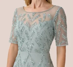 Adrianna Papell Wedding Guest Dresses|Petite-Friendly*Hand-Beaded Illusion Midi-Length Fit-And-Flare Cocktail Dress In Frosted Sage