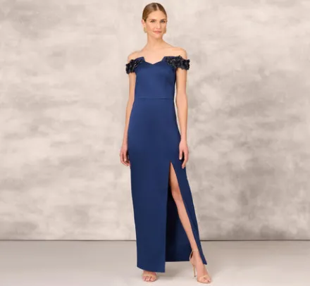 Adrianna Papell Wedding Guest Dresses|Formal Dresses*Hand Beaded Off The Shoulder Long Column Gown With Slit In