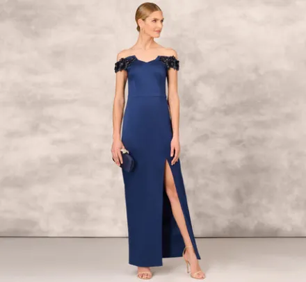 Adrianna Papell Wedding Guest Dresses|Formal Dresses*Hand Beaded Off The Shoulder Long Column Gown With Slit In
