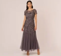 Adrianna Papell Wedding Guest Dresses|Formal Dresses*Hand Beaded Short Sleeve Floral Godet Gown In