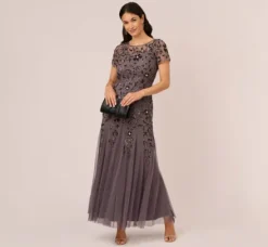 Adrianna Papell Wedding Guest Dresses|Formal Dresses*Hand Beaded Short Sleeve Floral Godet Gown In